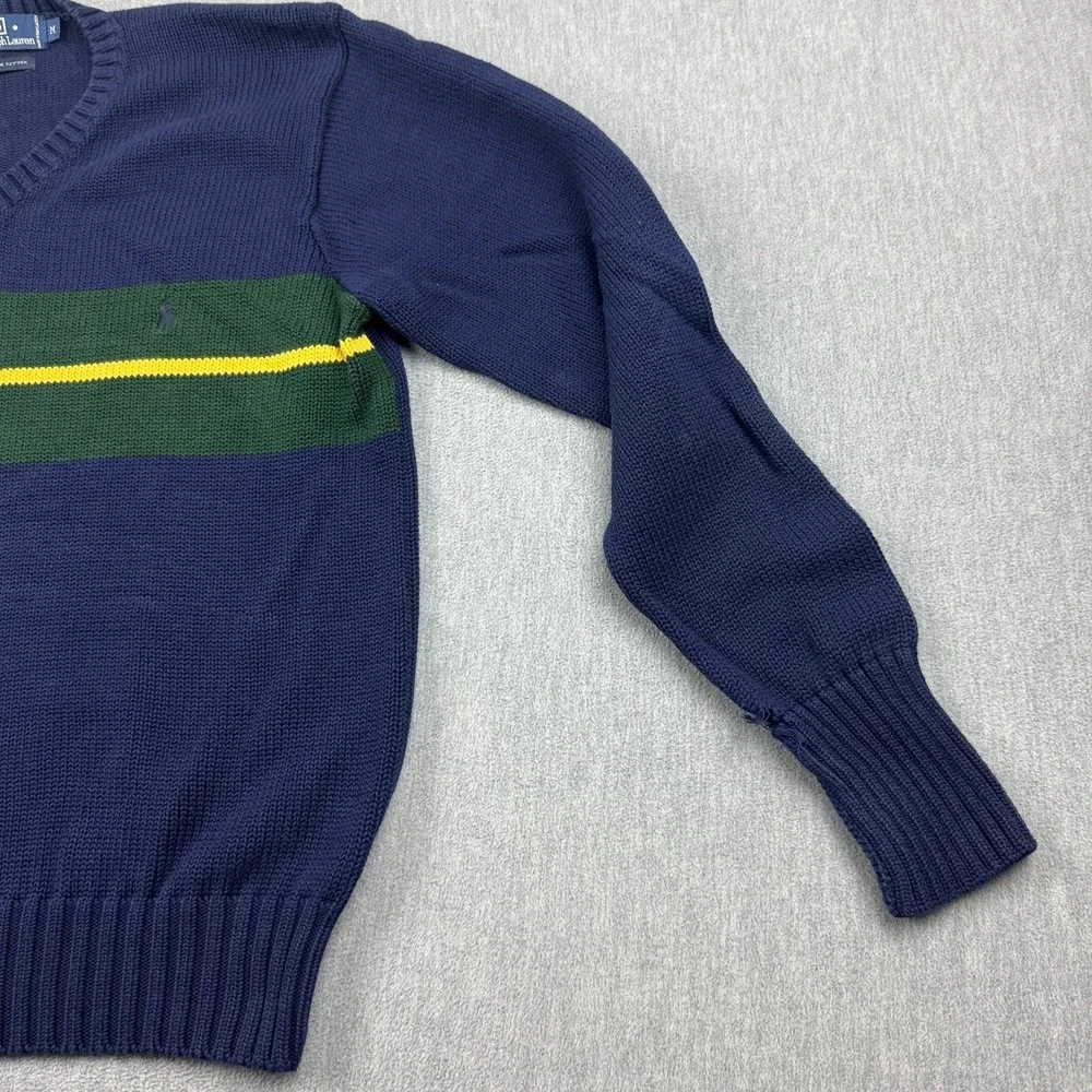 Vintage Polo Ralph Lauren Sweater Mens Medium Blue V Neck‎ Pullover Cotton Knit
